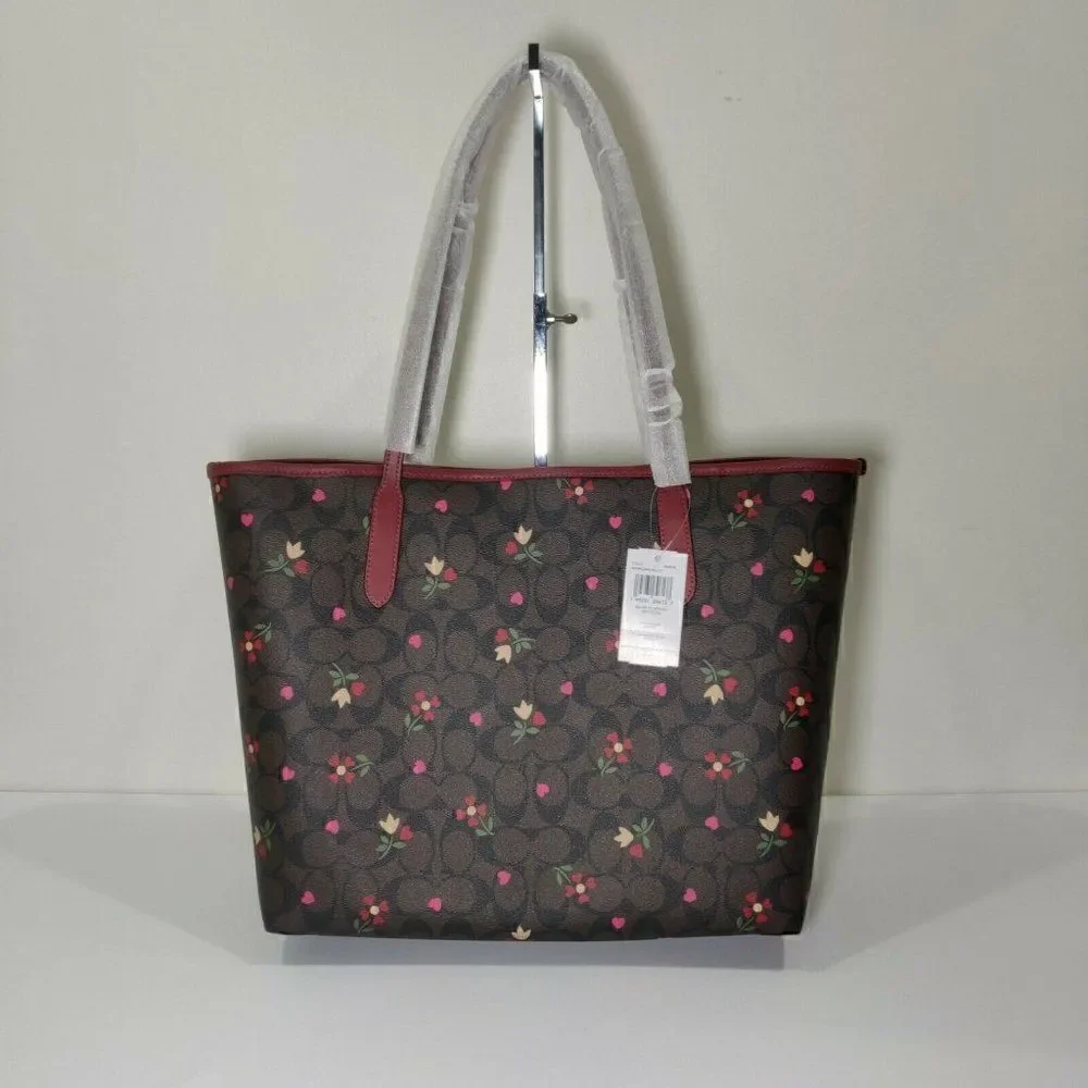 NWT C7616 COACH CITY TOTE IN SIGNATURE CANVAS WITH HEART PETAL PRINT